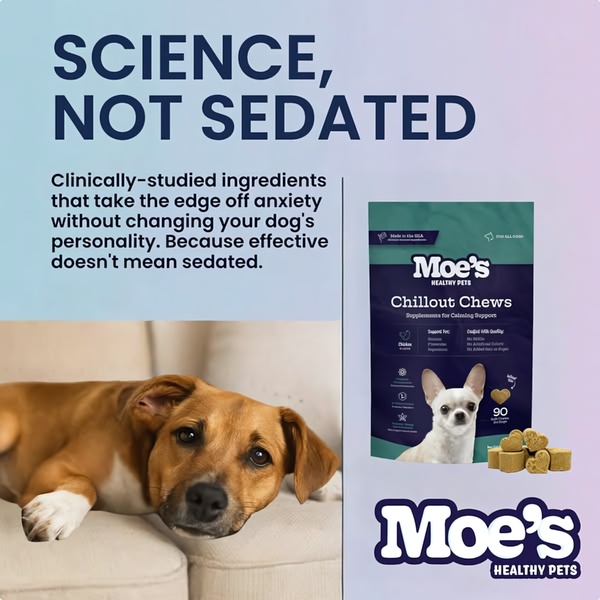 A clear, benefit-driven ad for pet calming chews that contrasts the idea of scientific support versus undesirable sedation.